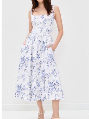 Reformation Janu Linen Midi Dress US6 Lana Blue White Floral Spring